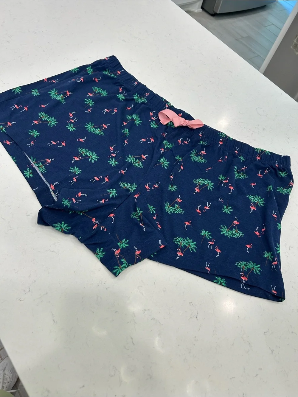 Lands' End Navy Flamingo Palm Print Lounge Shorts with Pink Bow